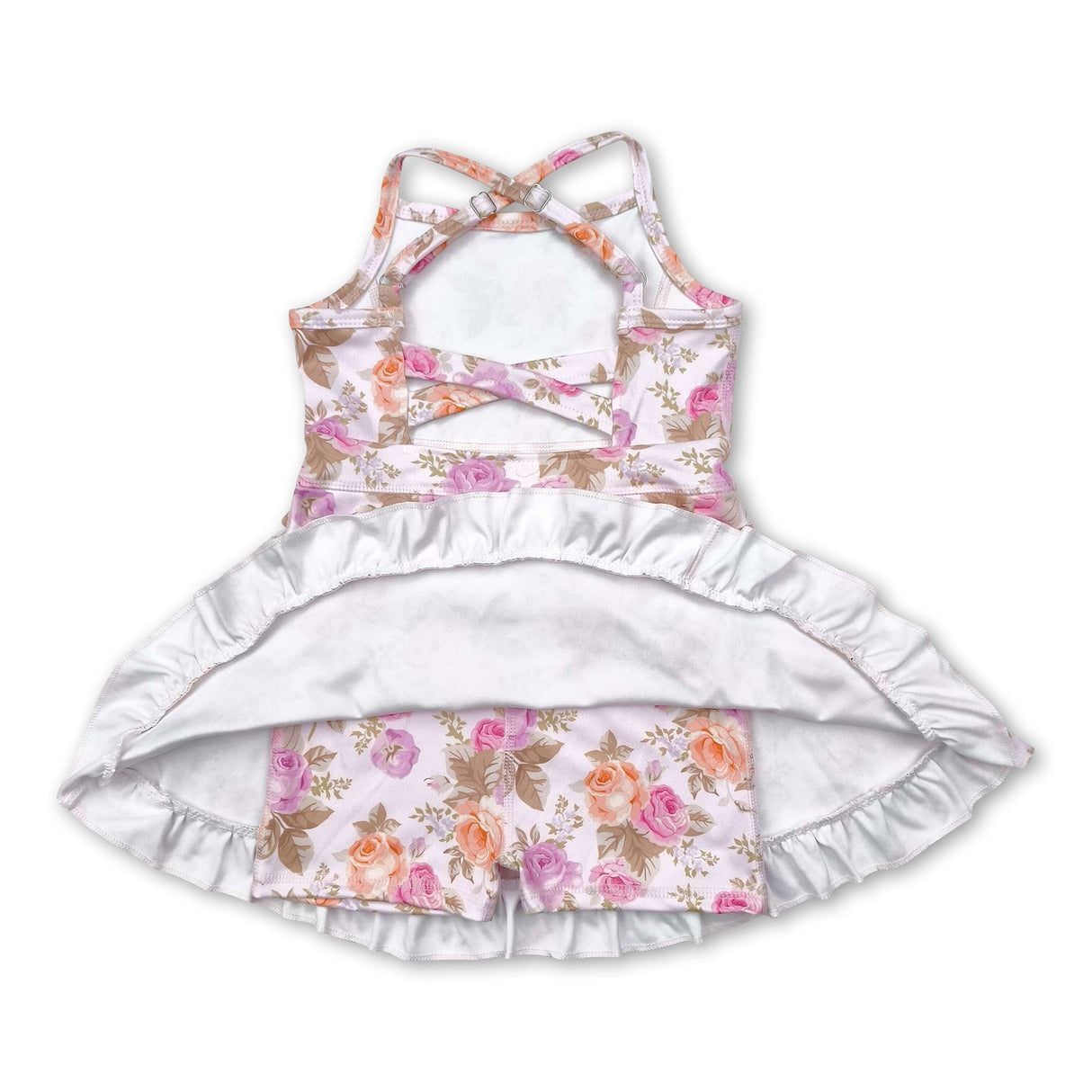 Straps pink yellow floral ruffle kids girls athletic dresses