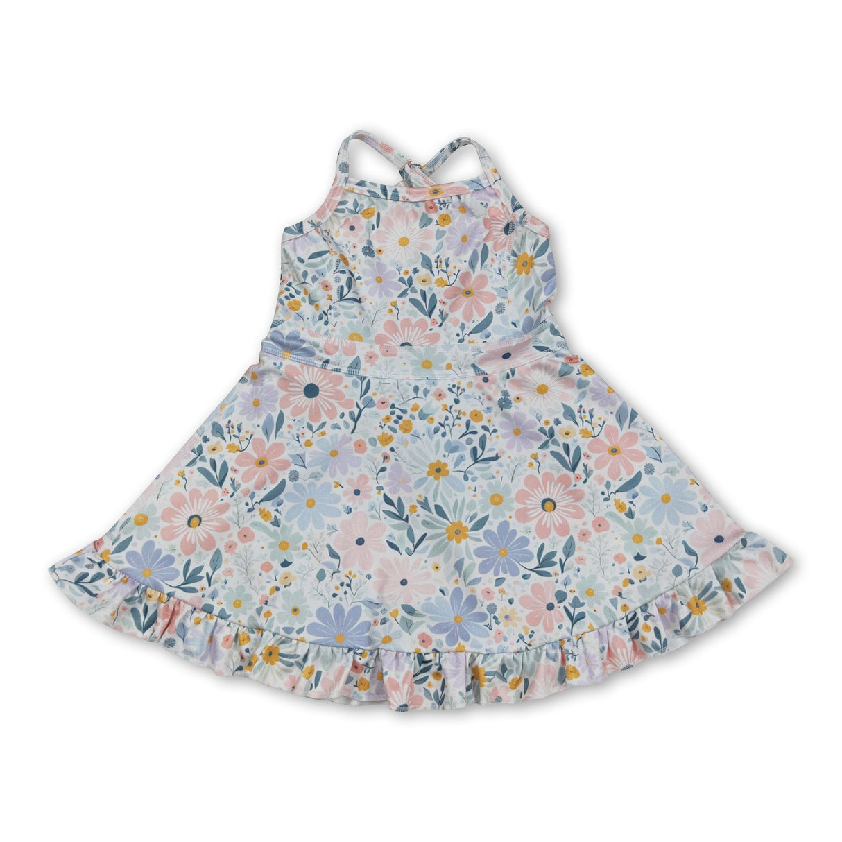 Straps pink green floral ruffle kids girls athletic dresses