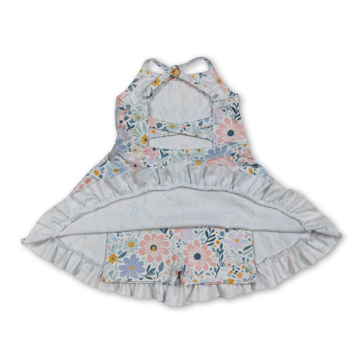 Straps pink green floral ruffle kids girls athletic dresses