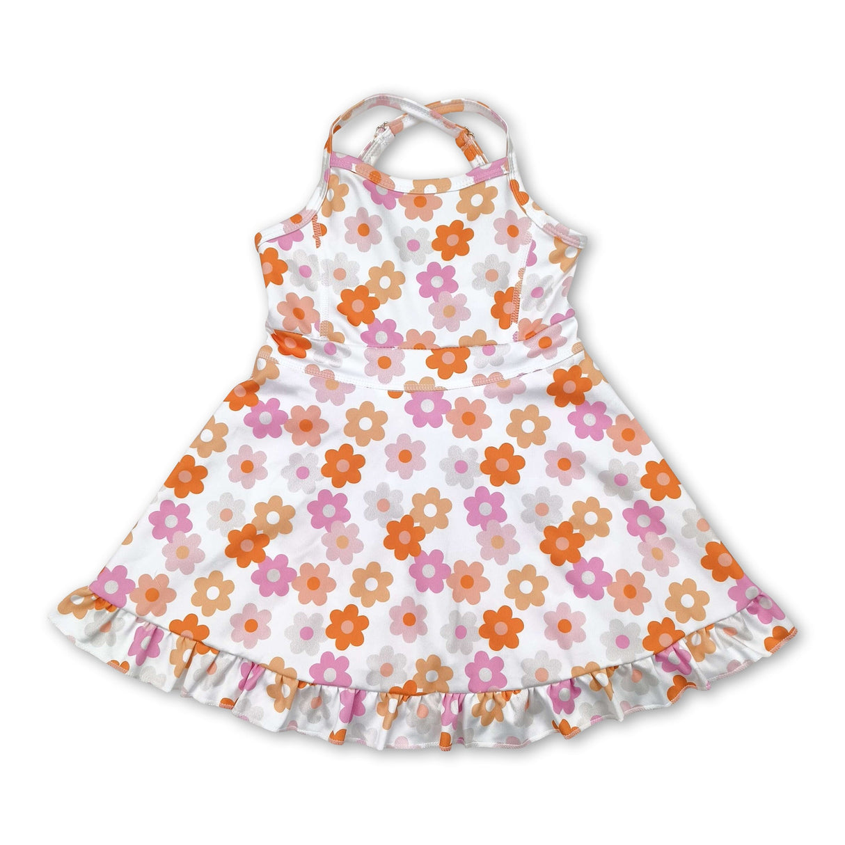 Straps pink brown floral ruffle kids girls athletic dresses