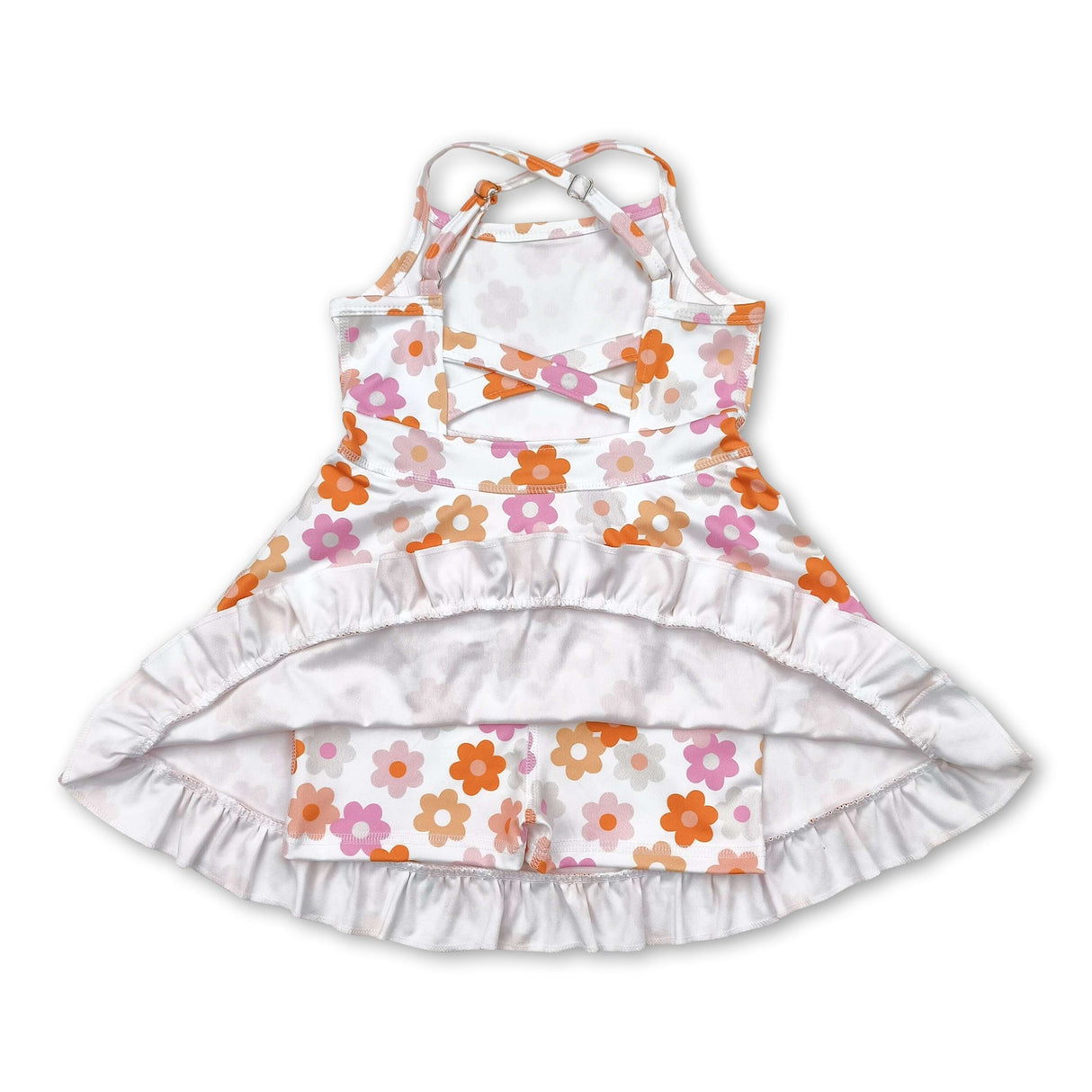 Straps pink brown floral ruffle kids girls athletic dresses