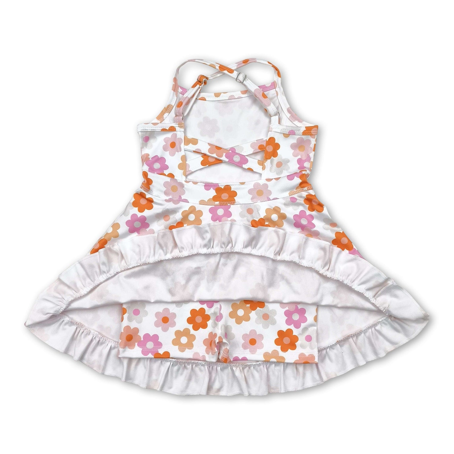 Straps pink brown floral ruffle kids girls athletic dresses