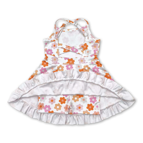 Straps pink brown floral ruffle kids girls athletic dresses