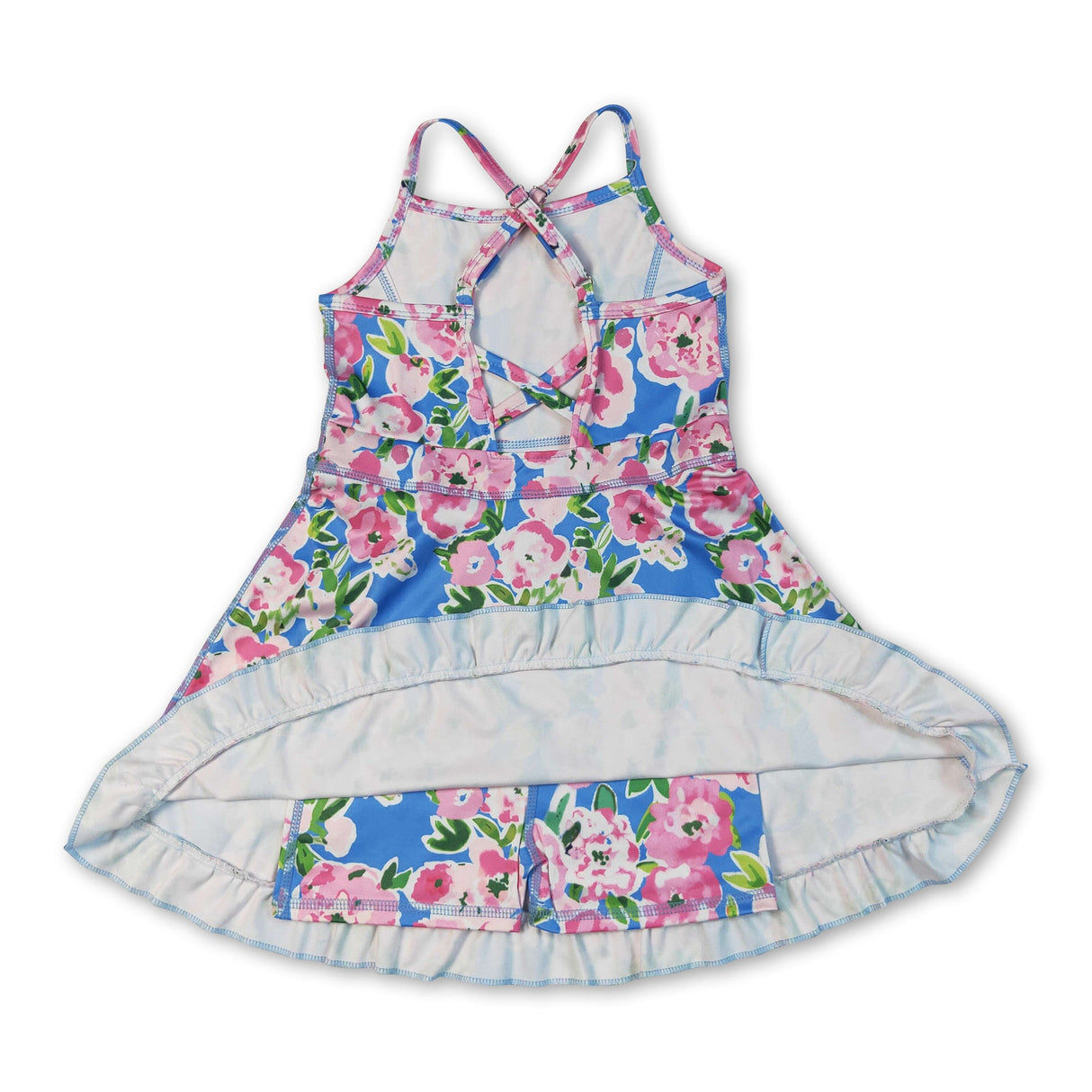 Straps blue pink floral ruffle kids girls athletic dresses