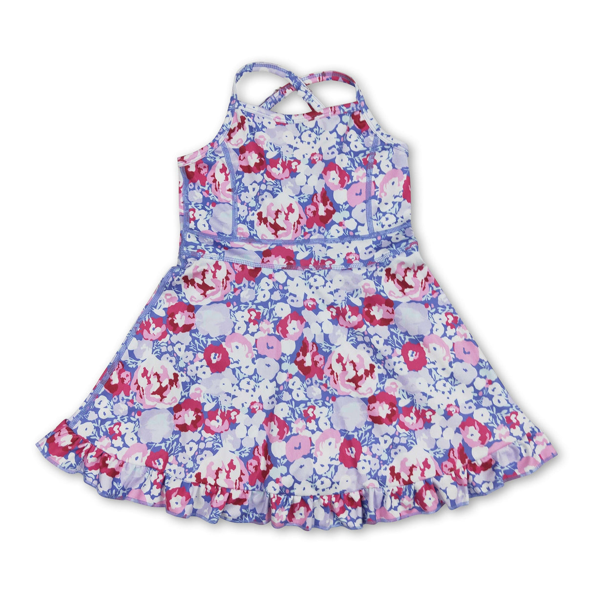 Straps dark pink floral ruffle kids girls athletic dresses