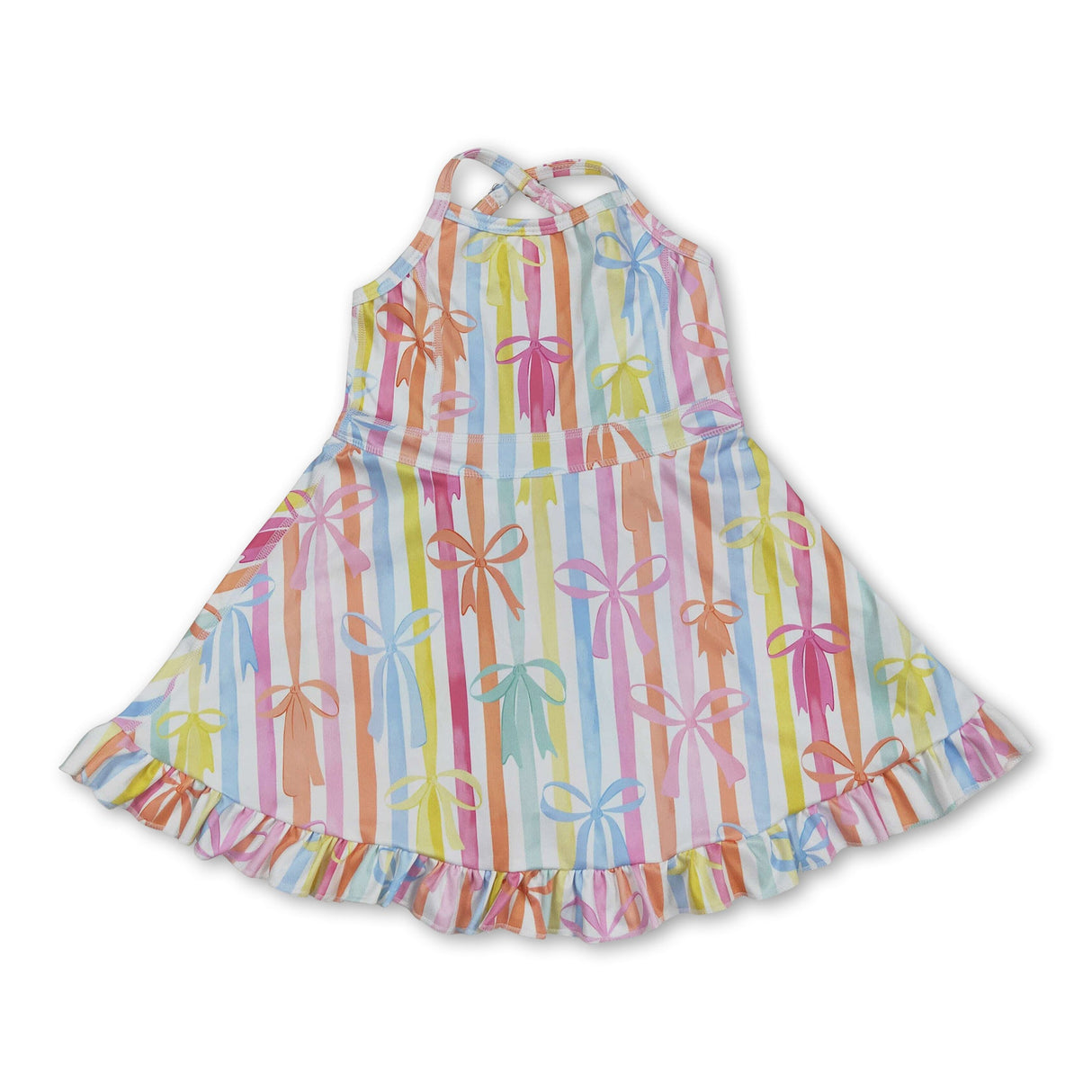 Straps colorful stripe bows ruffle kids girls athletic dresses