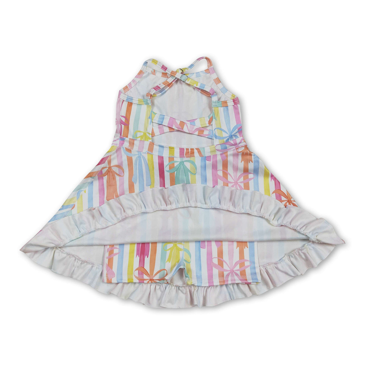 Straps colorful stripe bows ruffle kids girls athletic dresses