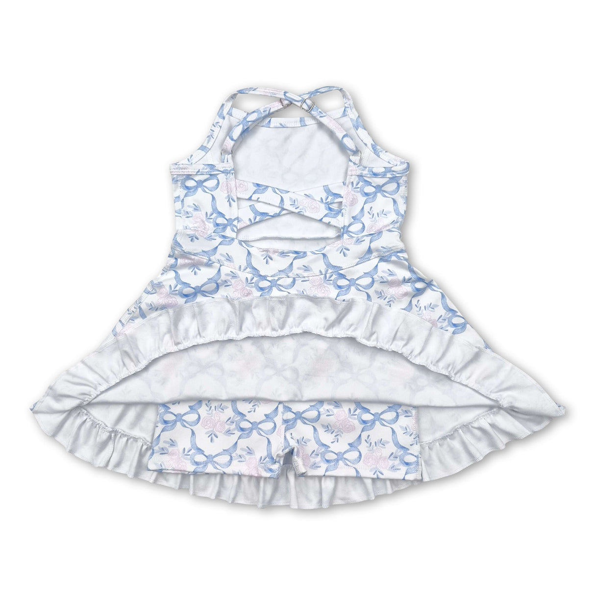 Straps blue bows floral ruffle kids girls athletic dresses