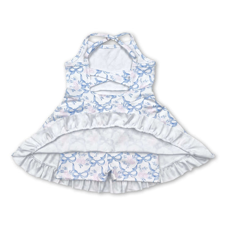 Straps blue bows floral ruffle kids girls athletic dresses