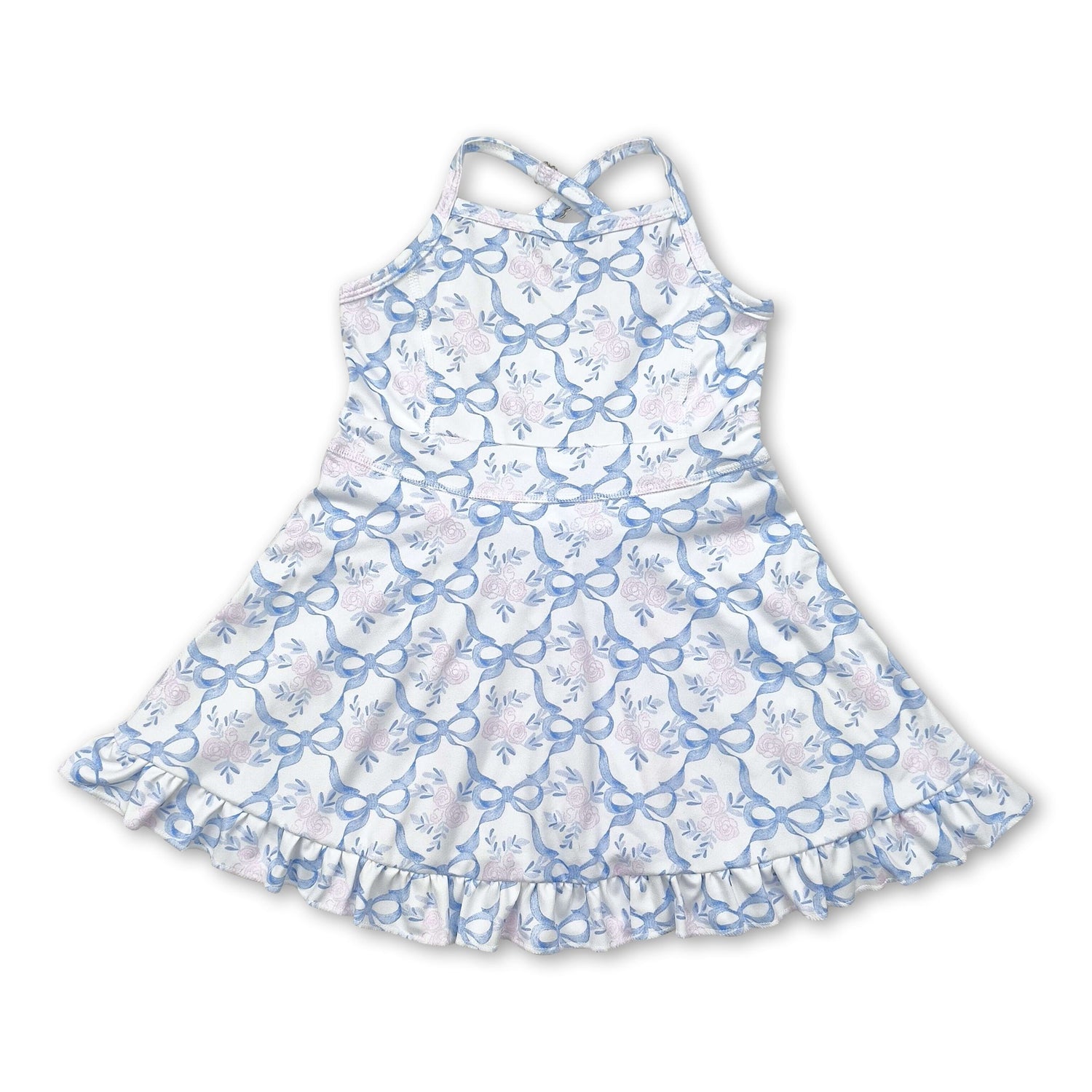 Straps blue bows floral ruffle kids girls athletic dresses