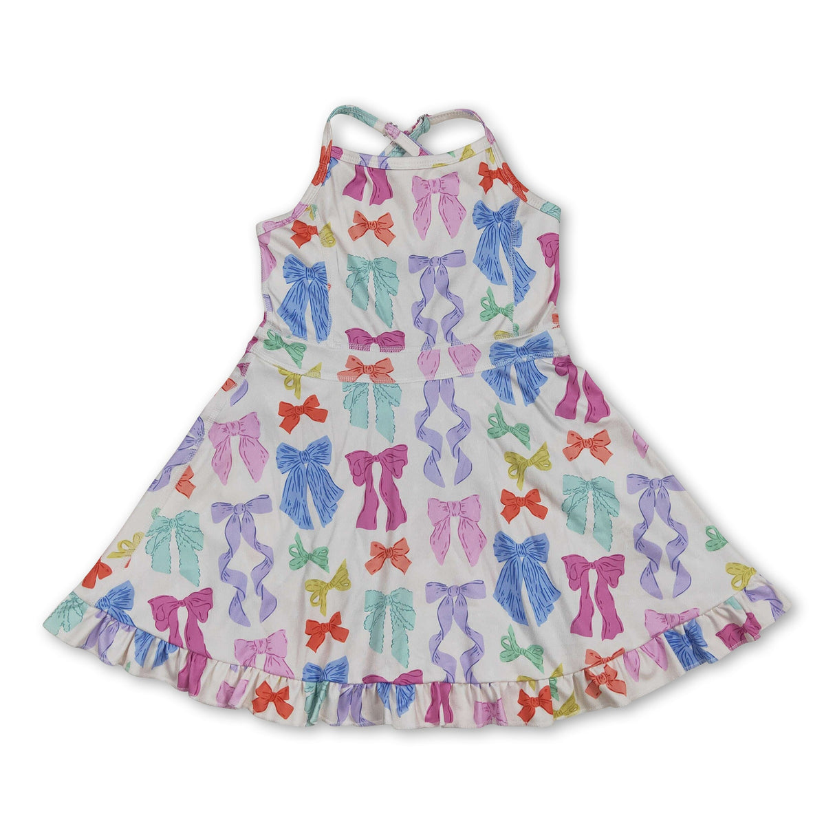 Straps colorful bows ruffle kids girls athletic dress