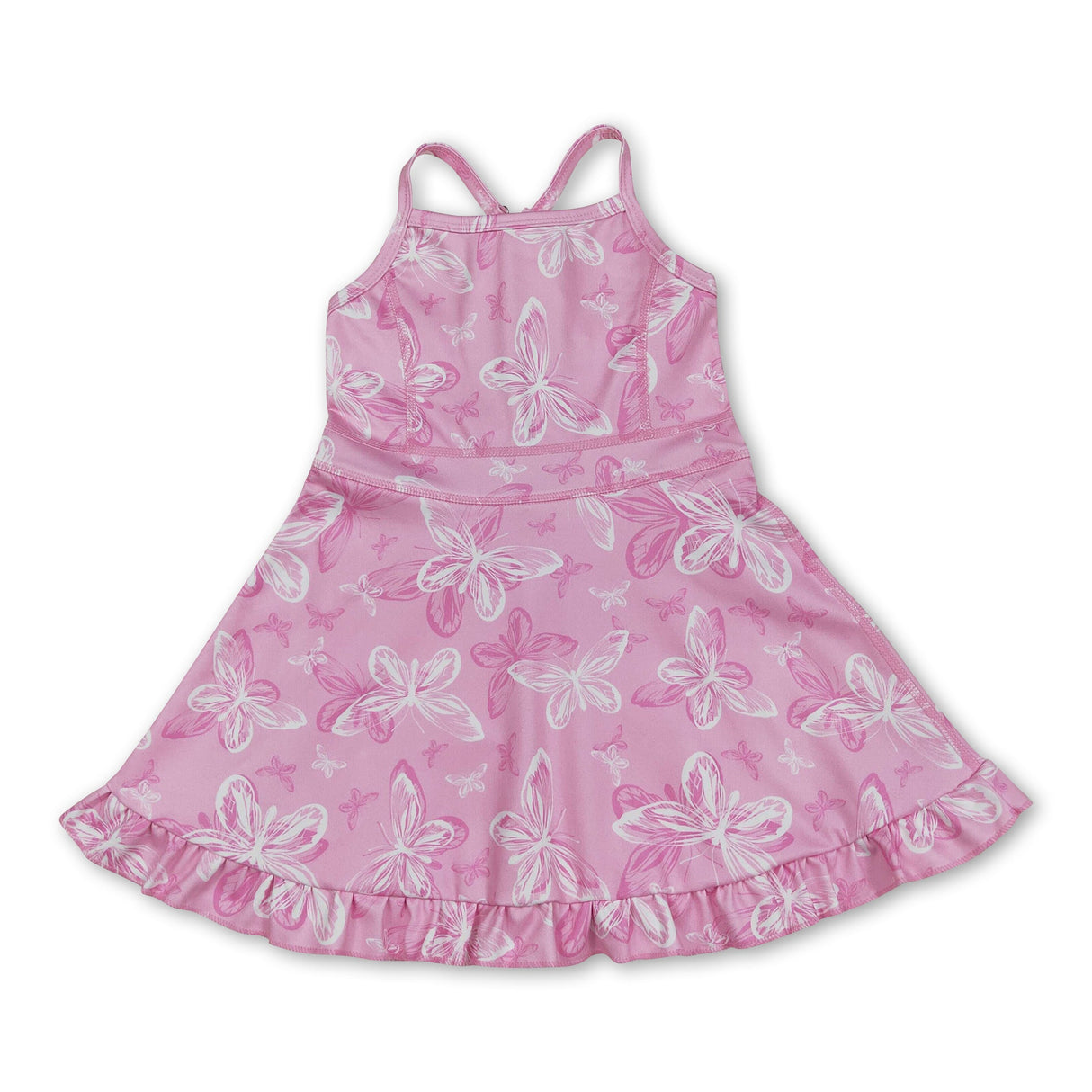 Straps pink butterfly ruffle kids girls athletic dress