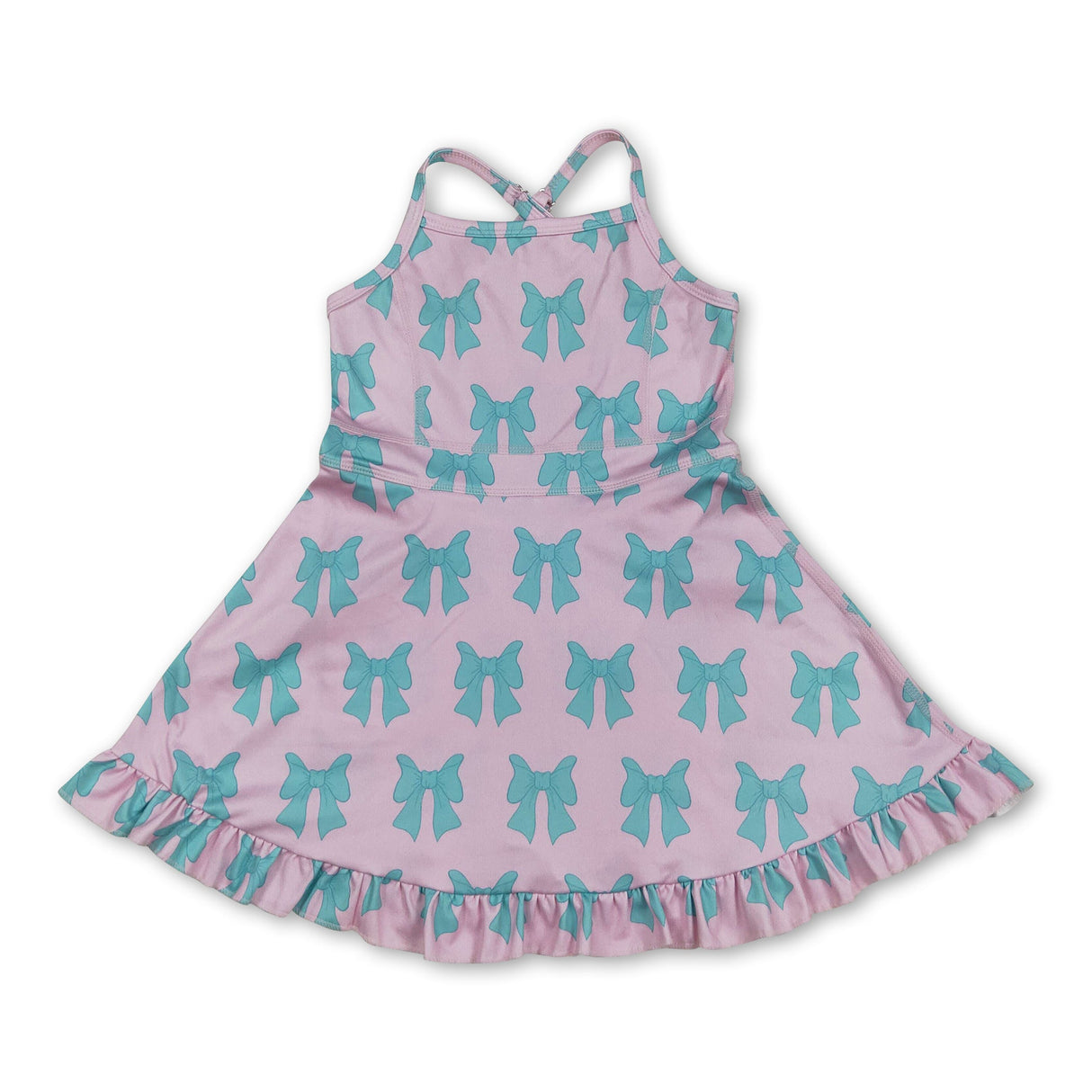 Straps pink green bow ruffle kids girls athletic dress