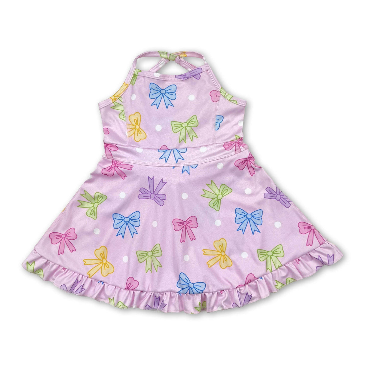 Straps pink polka dots bow ruffle kids girls athletic dress
