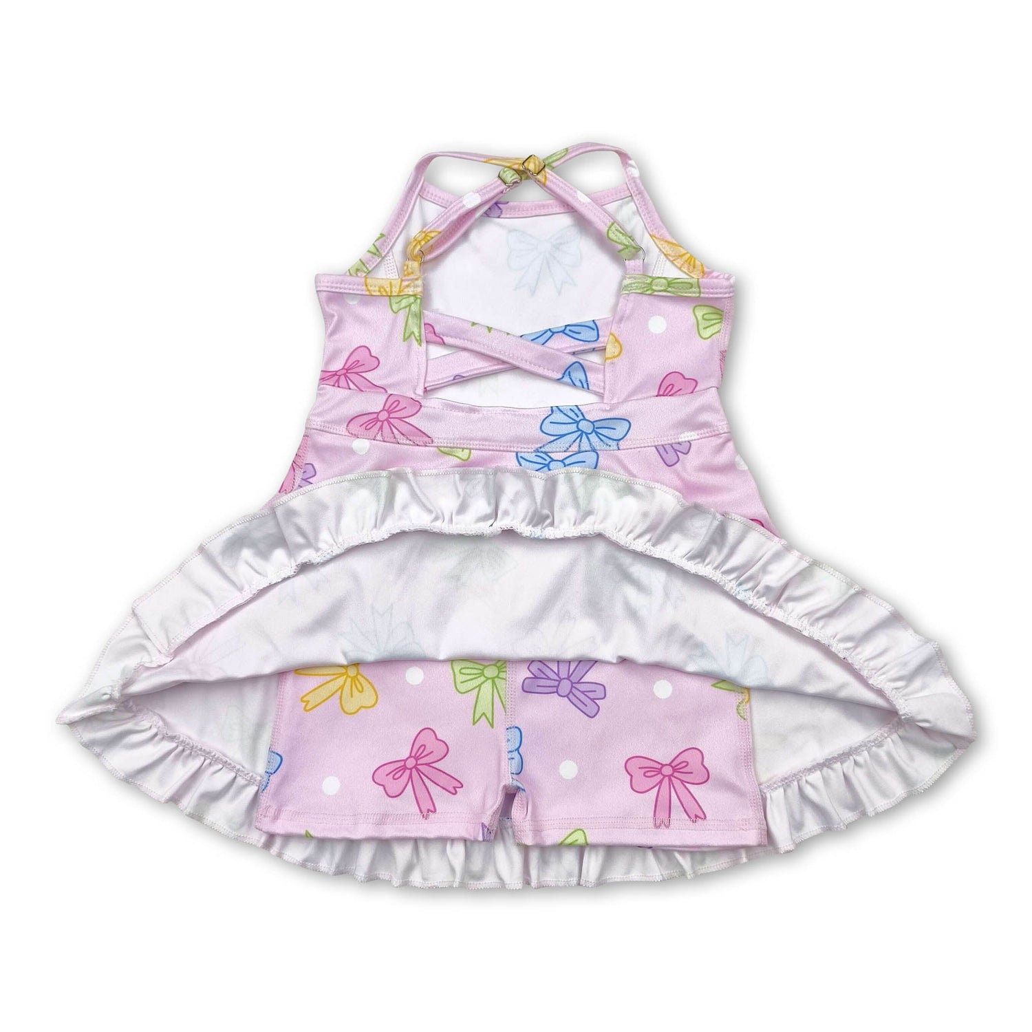 Straps pink polka dots bow ruffle kids girls athletic dress