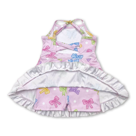 Straps pink polka dots bow ruffle kids girls athletic dress