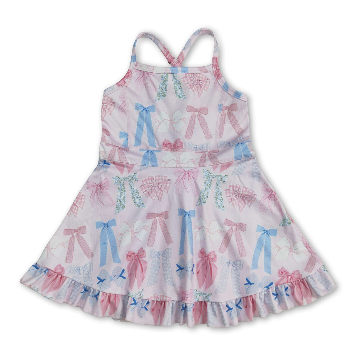 Straps light pink colorful bow ruffle kids girls athletic dress