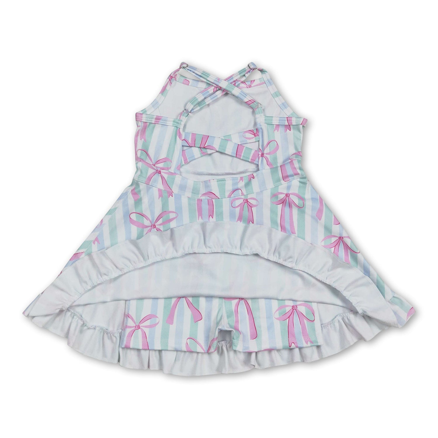 Straps stripe pink bows ruffle girls athletic dress