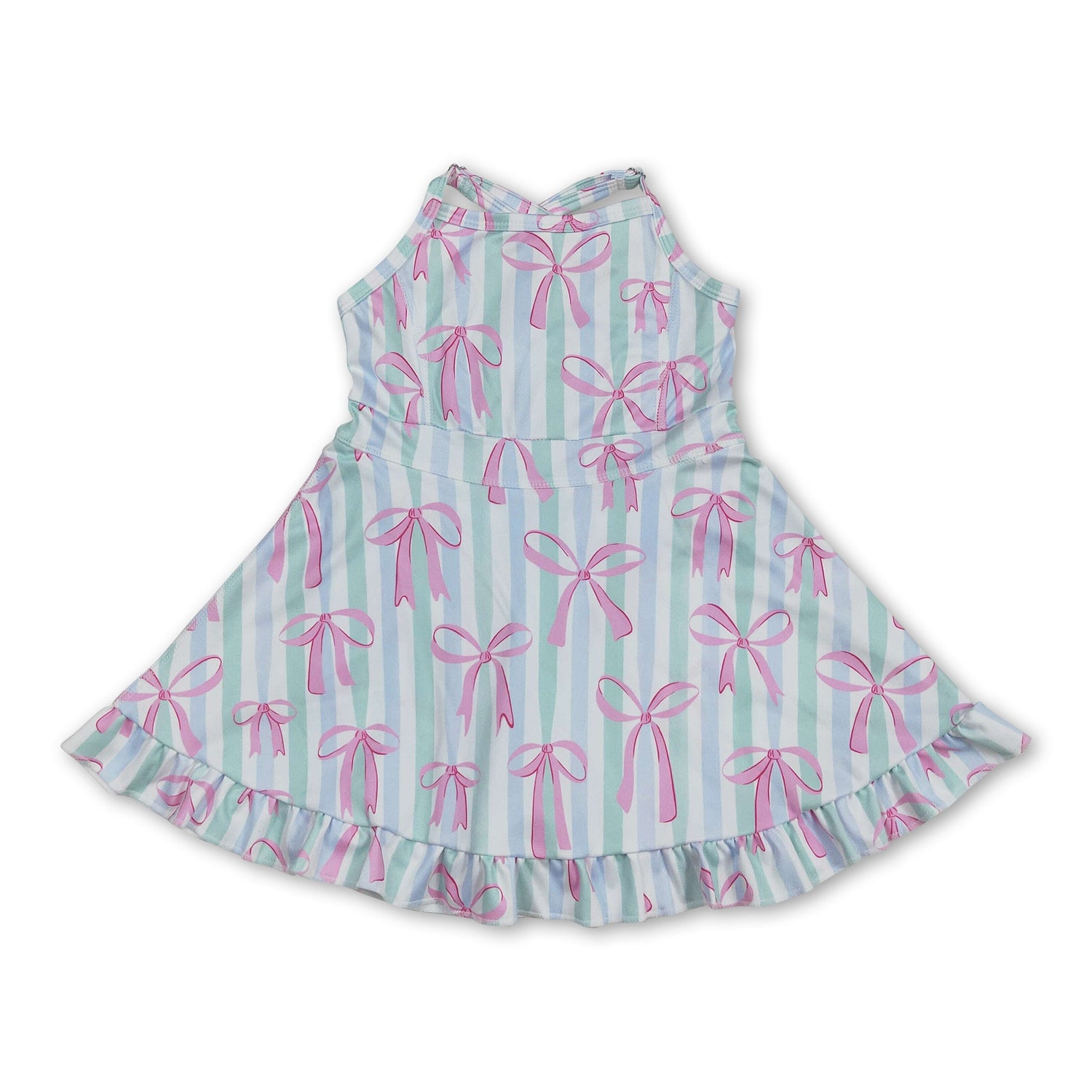Straps stripe pink bows ruffle girls athletic dress