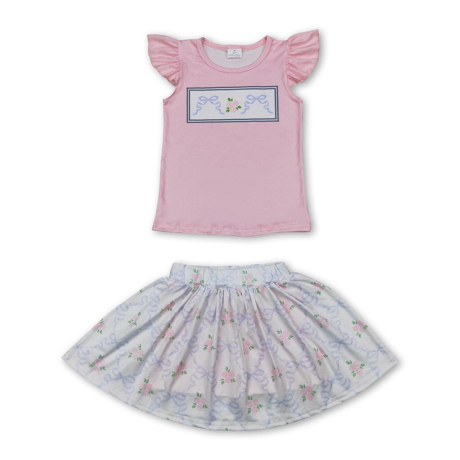 Flutter sleeves floral bow top skirt kids girls clothes