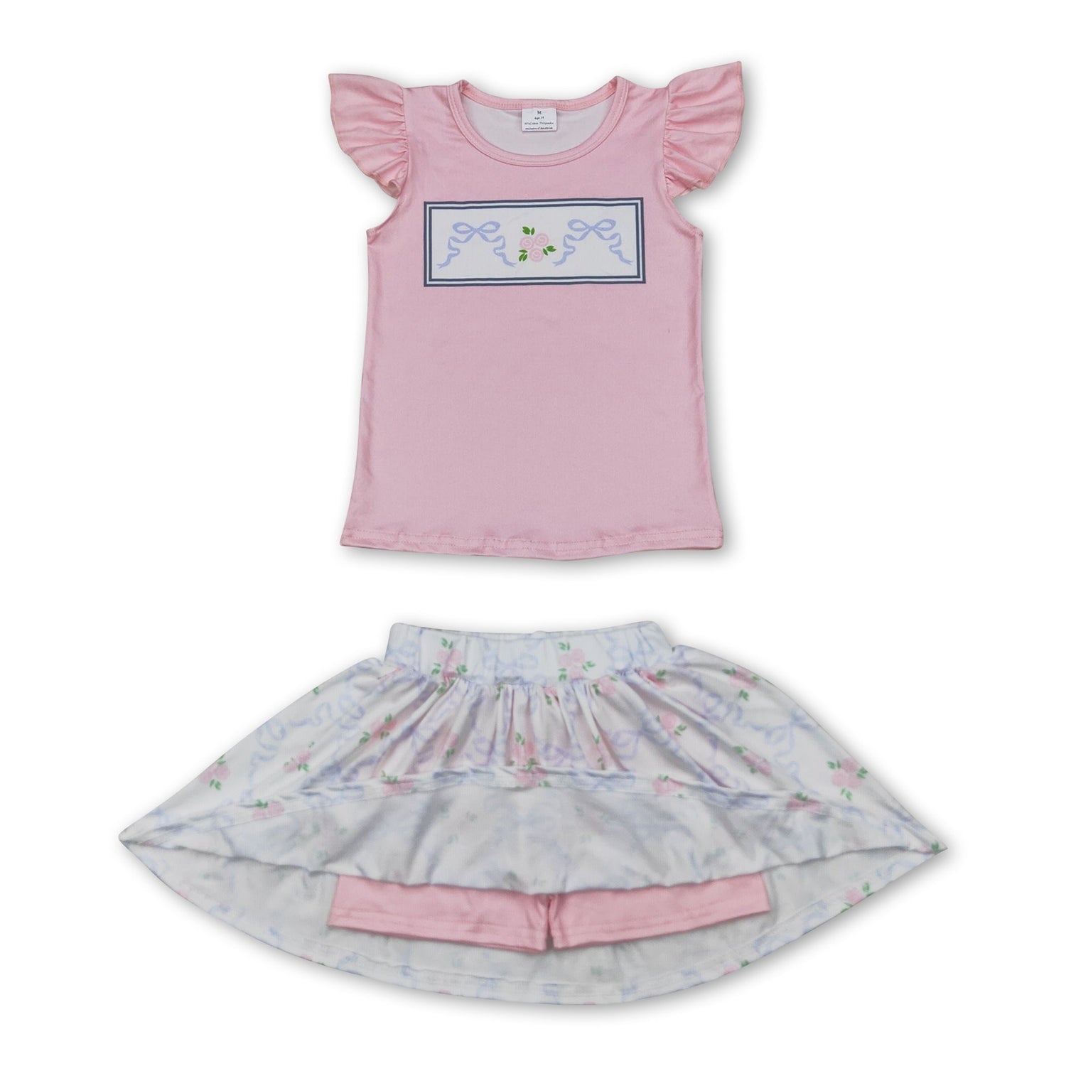 Flutter sleeves floral bow top skirt kids girls clothes