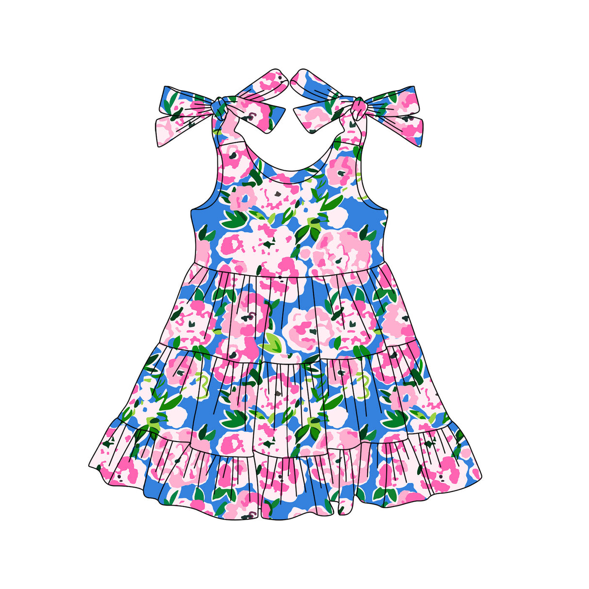Straps blue pink floral baby girls summer dresses