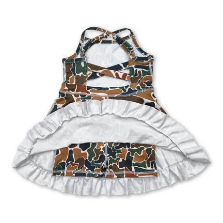 Brown camo straps ruffle girls athletic dress
