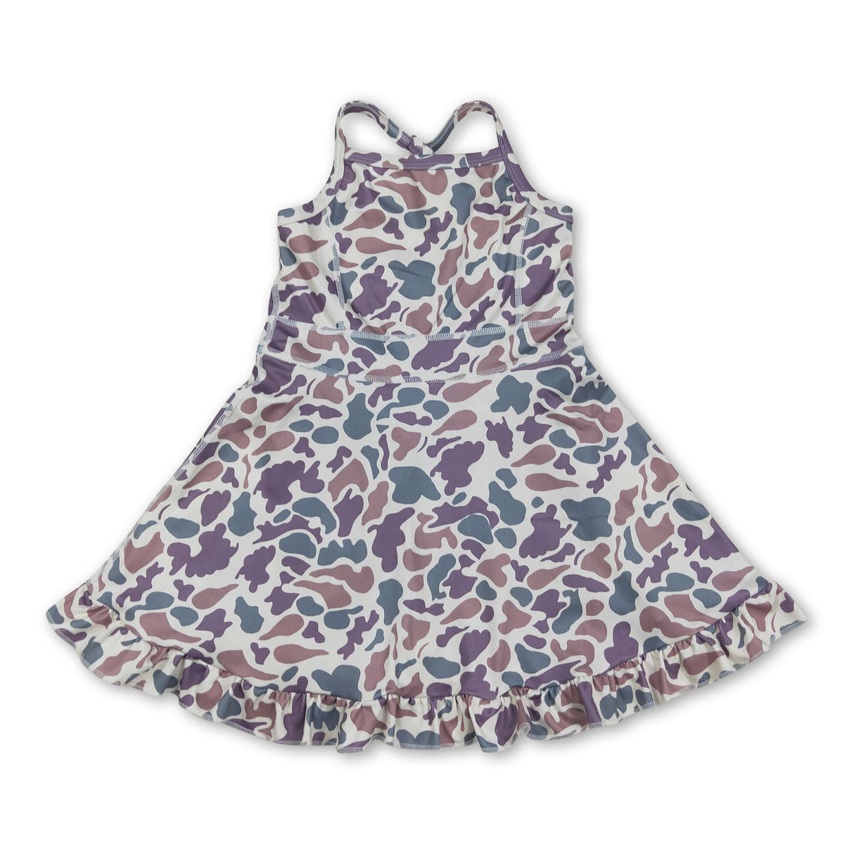 Purple camo straps ruffle girls athletic dress
