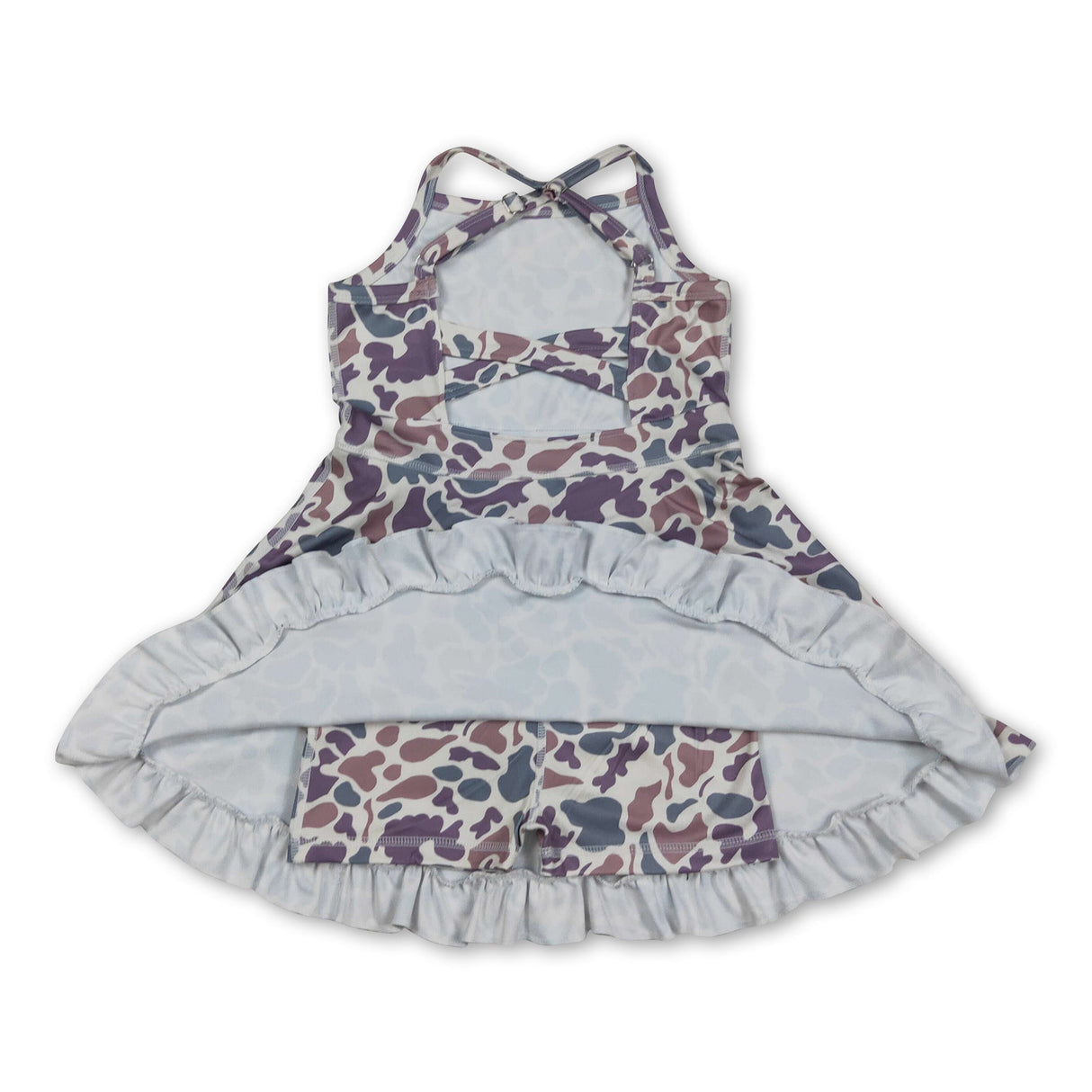 Purple camo straps ruffle girls athletic dress