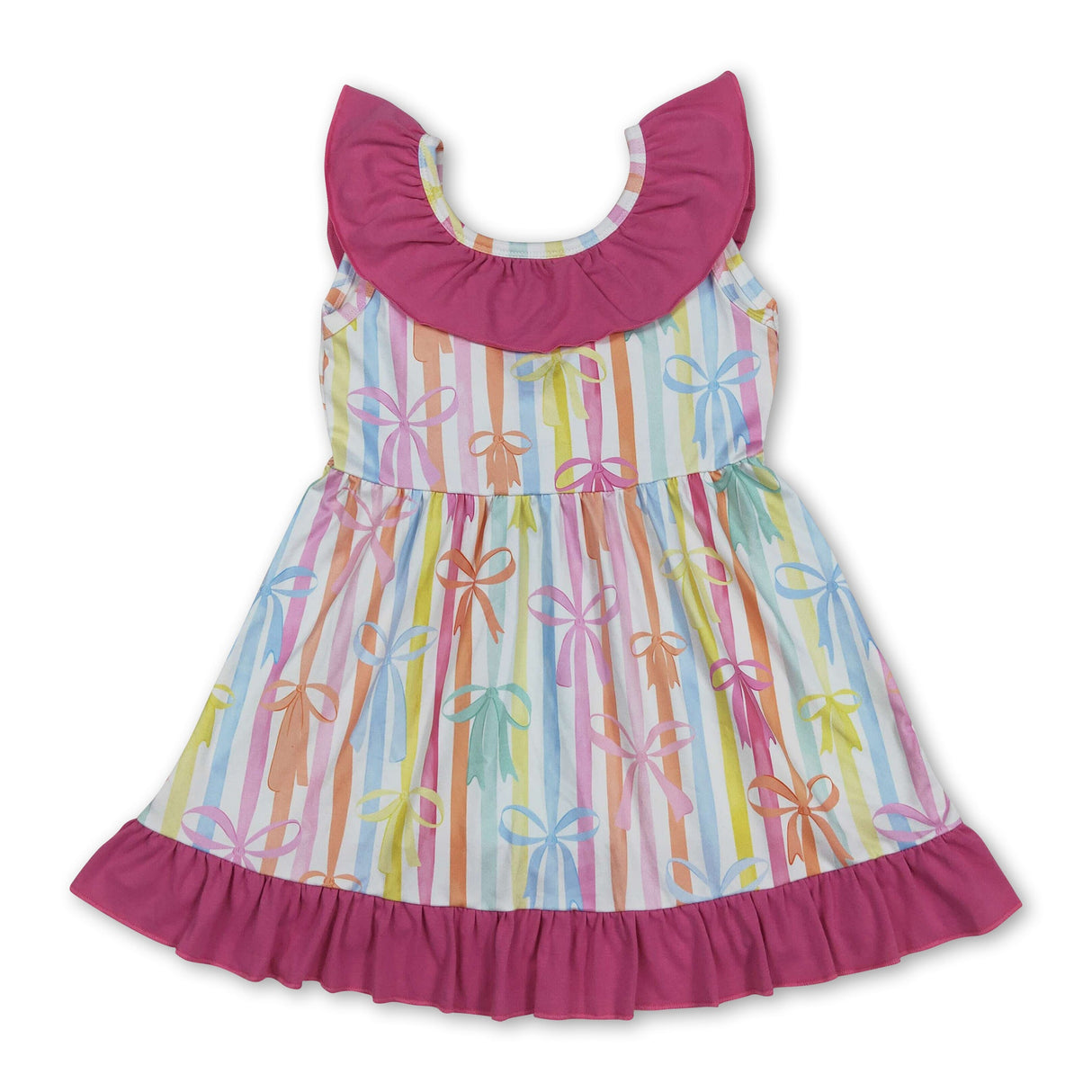 Sleeveless colorful stripe bows ruffle baby girls dresses