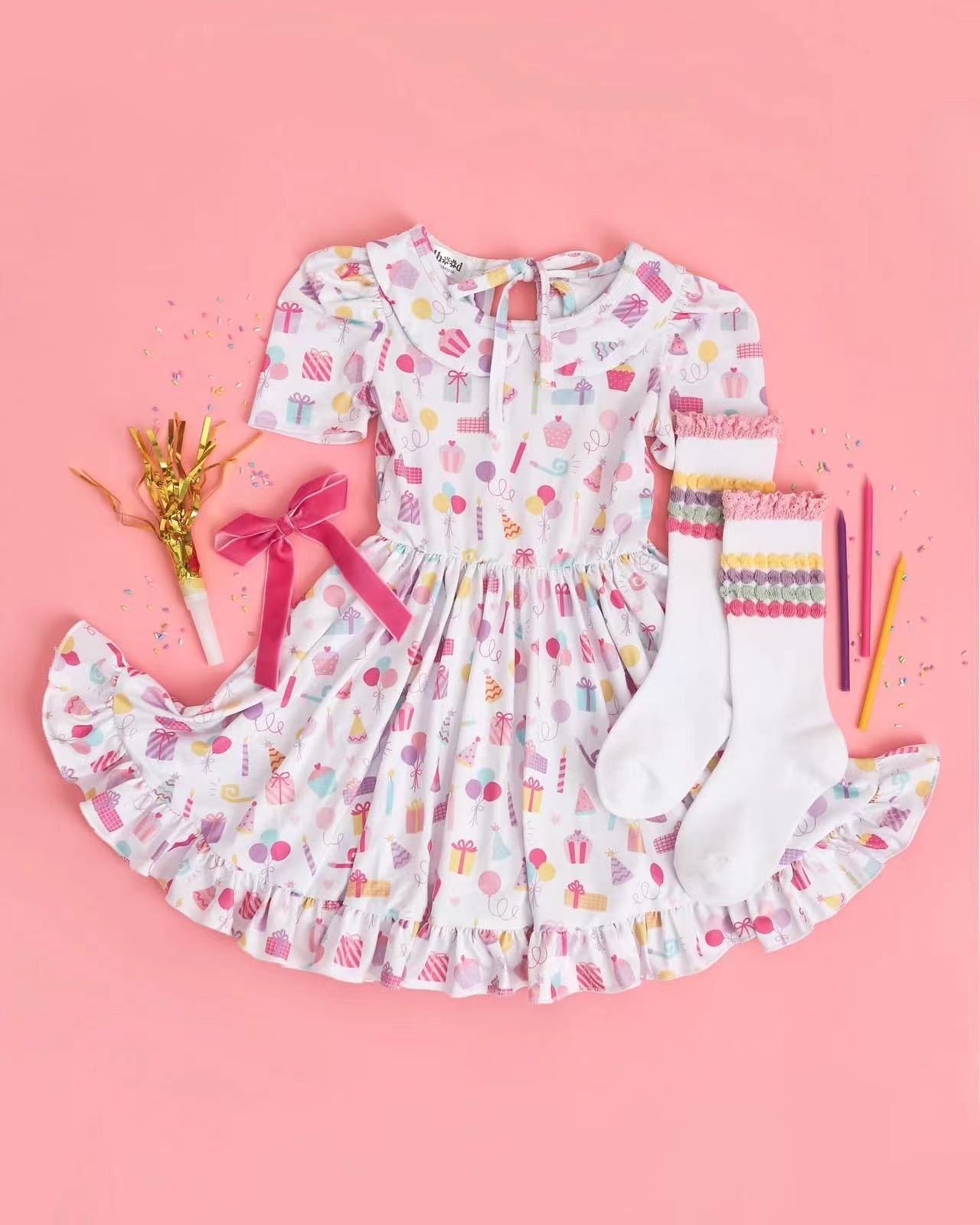 Short sleeves white ball cakes gift Happy birthday girls dresses