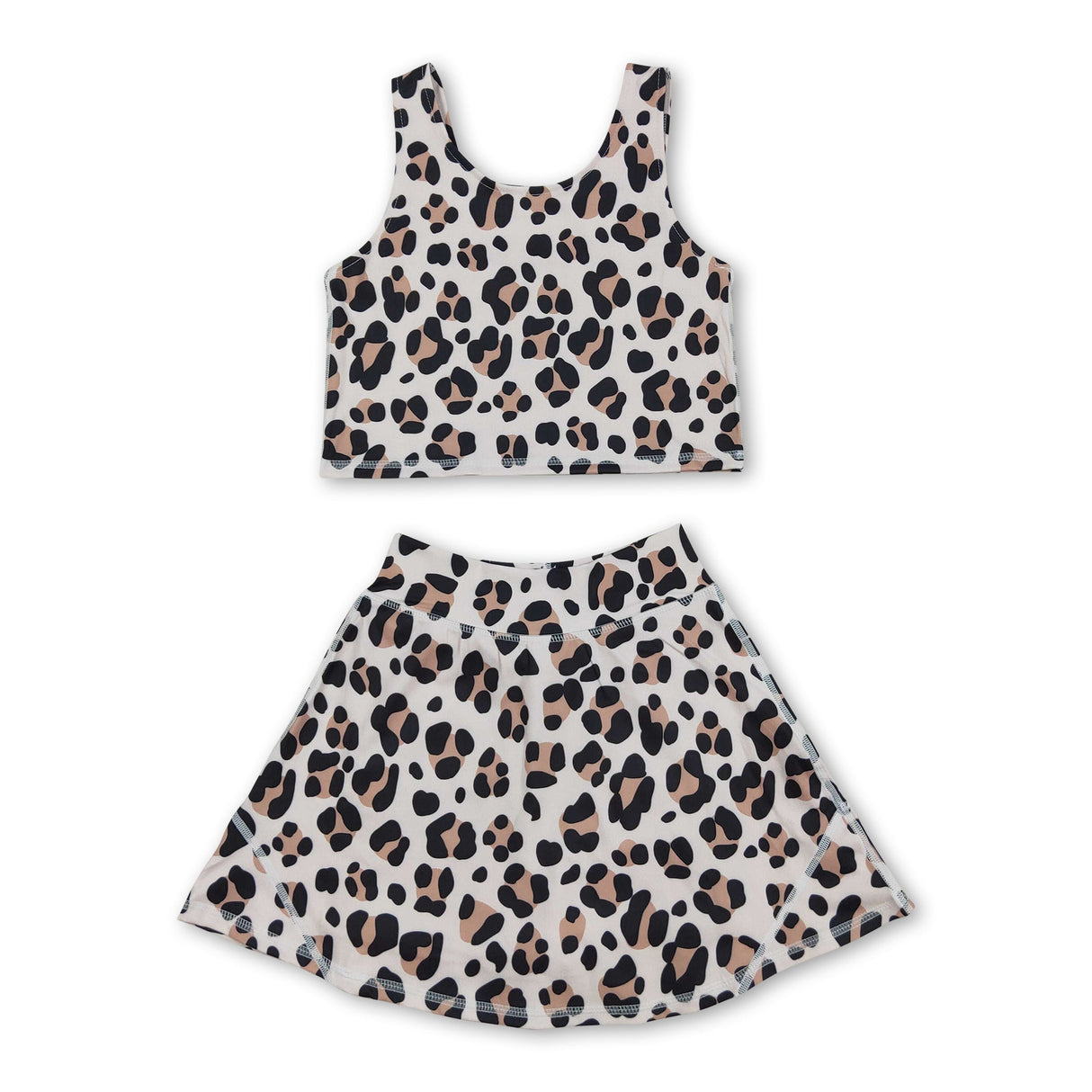 Sleeveless leopard top skirt kids girls active wear set