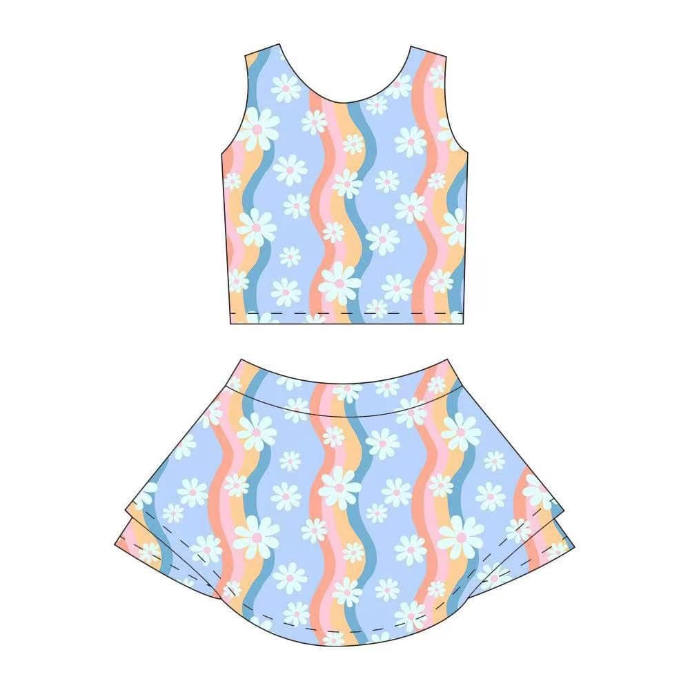 Sleeveless white floral top skirt kids girls active wear set