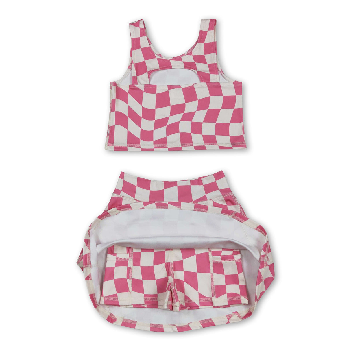 Sleeveless pink plaid top skirt kids girls active wear set