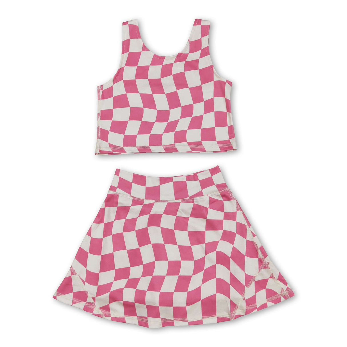 Sleeveless pink plaid top skirt kids girls active wear set