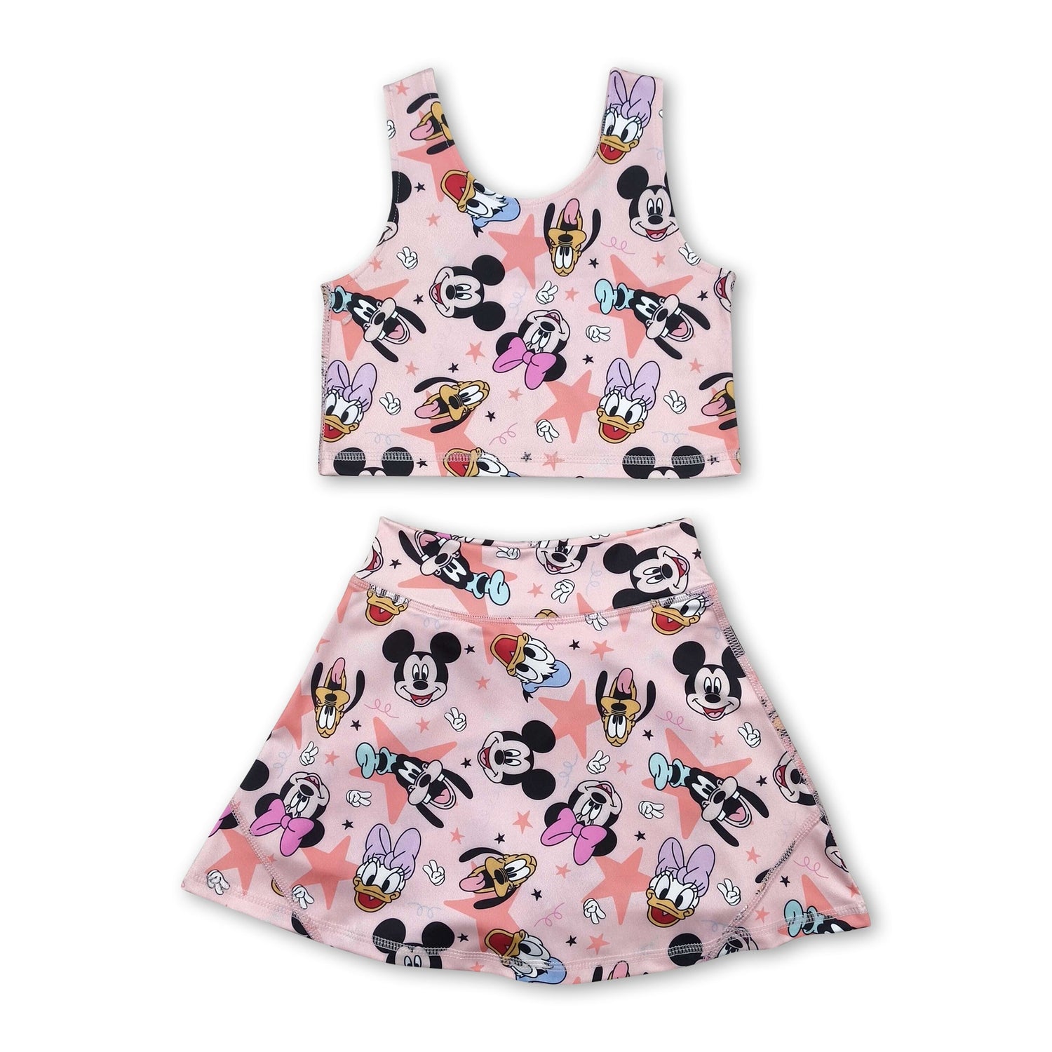 Sleeveless duck mouse top skirt kids girls active wear set