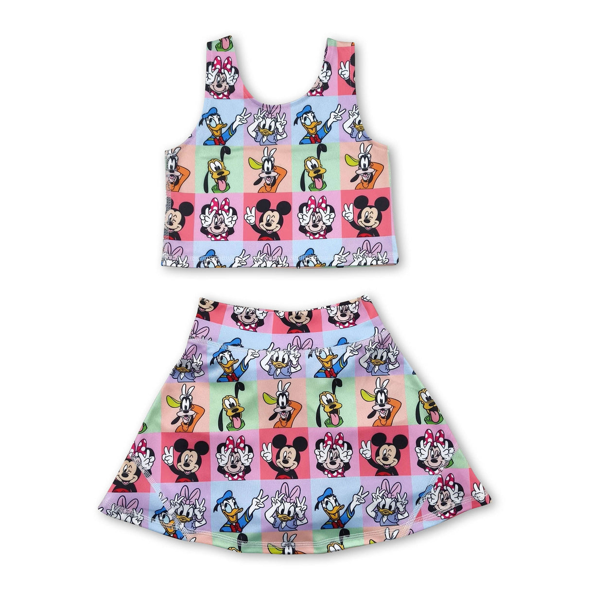 Sleeveless colorful plaid mouse top skirt kids girls active wear