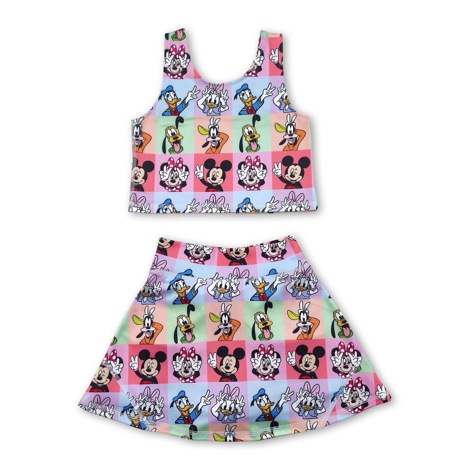 Sleeveless colorful plaid mouse top skirt kids girls active wear