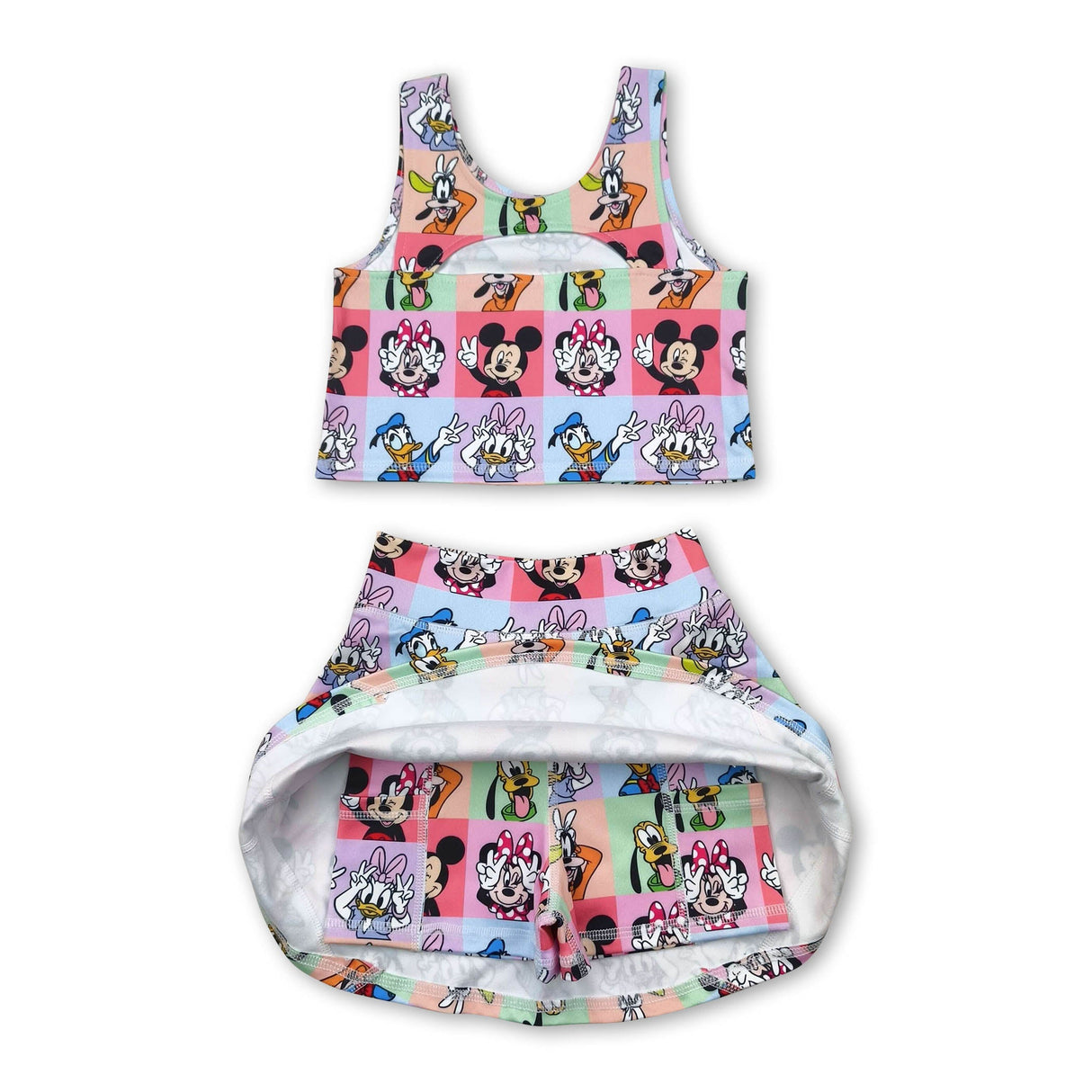 Sleeveless colorful plaid mouse top skirt kids girls active wear