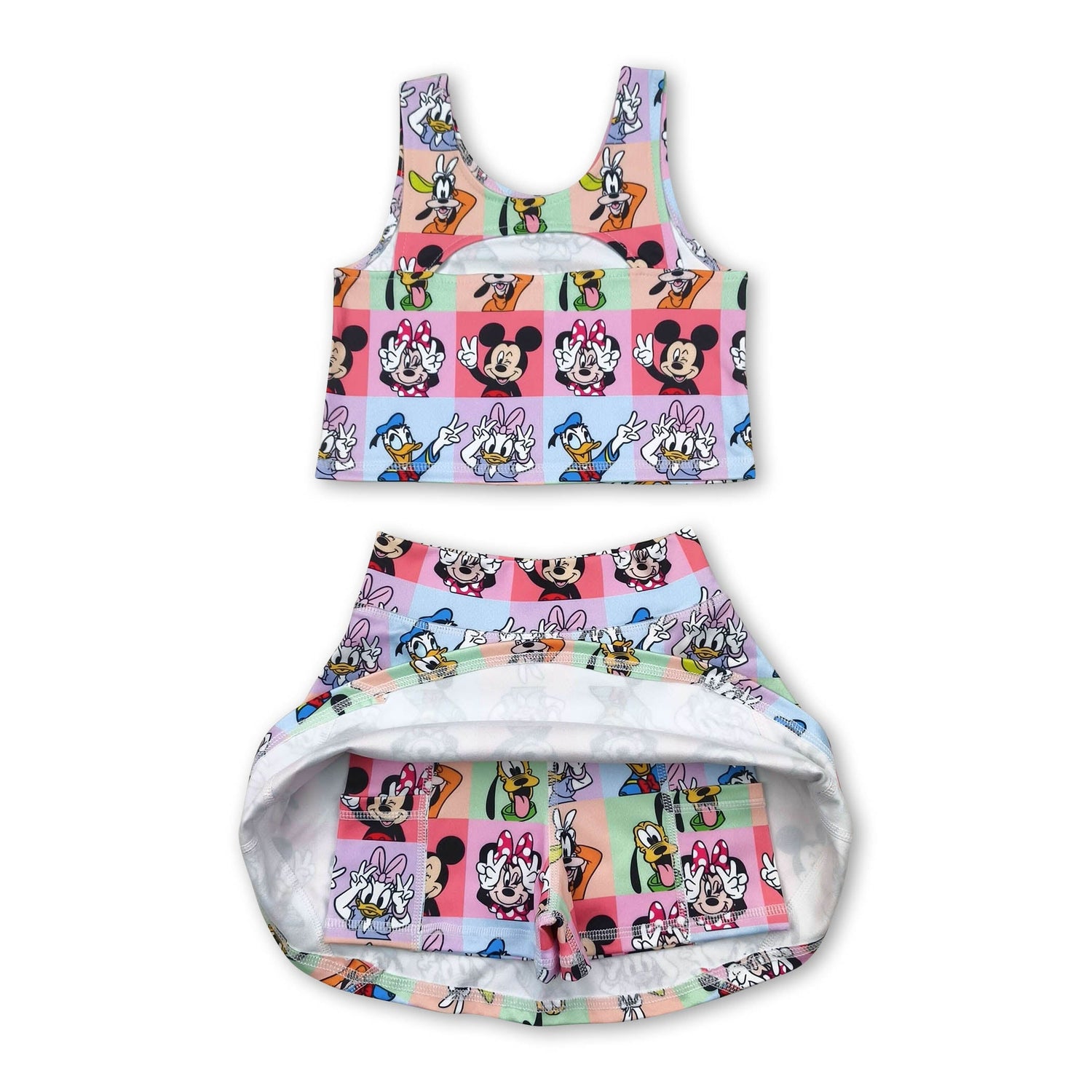 Sleeveless colorful plaid mouse top skirt kids girls active wear