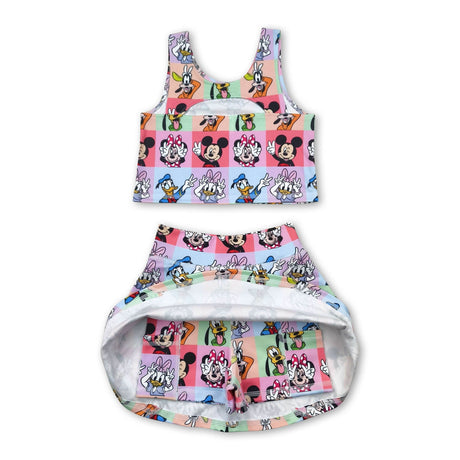 Sleeveless colorful plaid mouse top skirt kids girls active wear