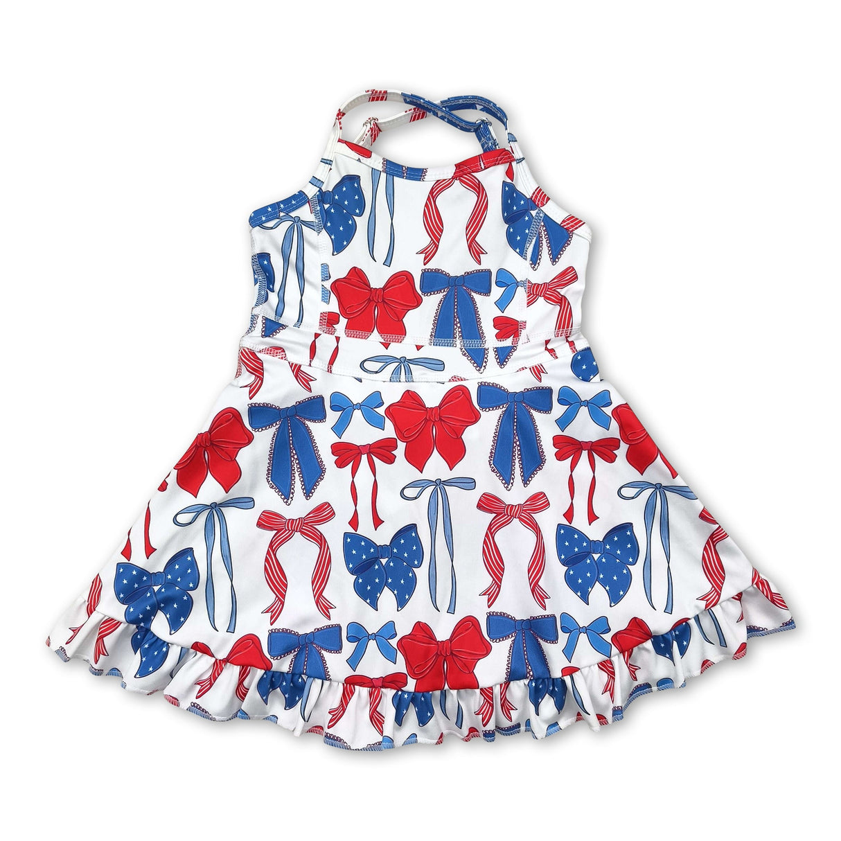 Red blue bow ruffle kids girls 4th of july athletic dress