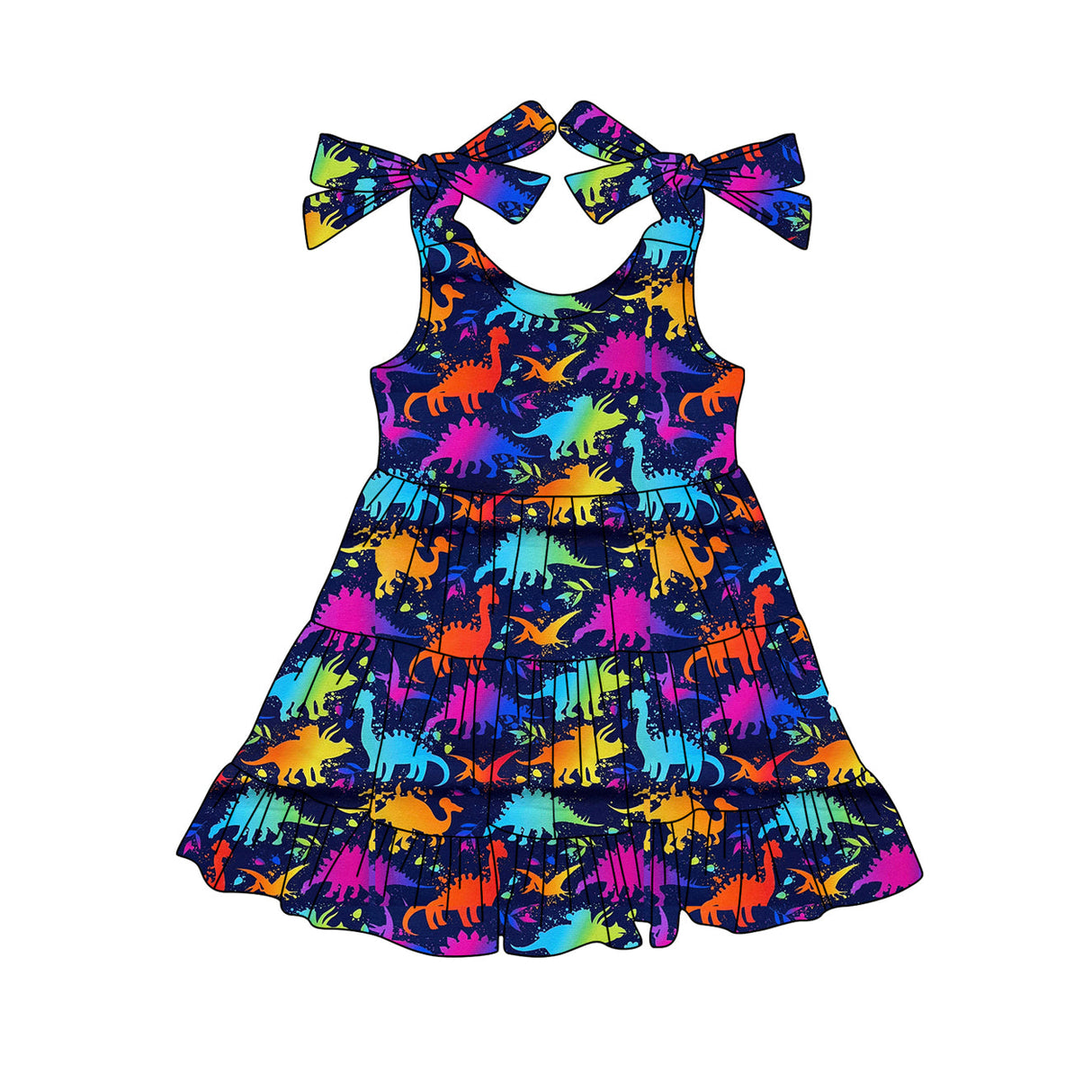Straps colorful dinosaur patchwork ruffle girls dresses