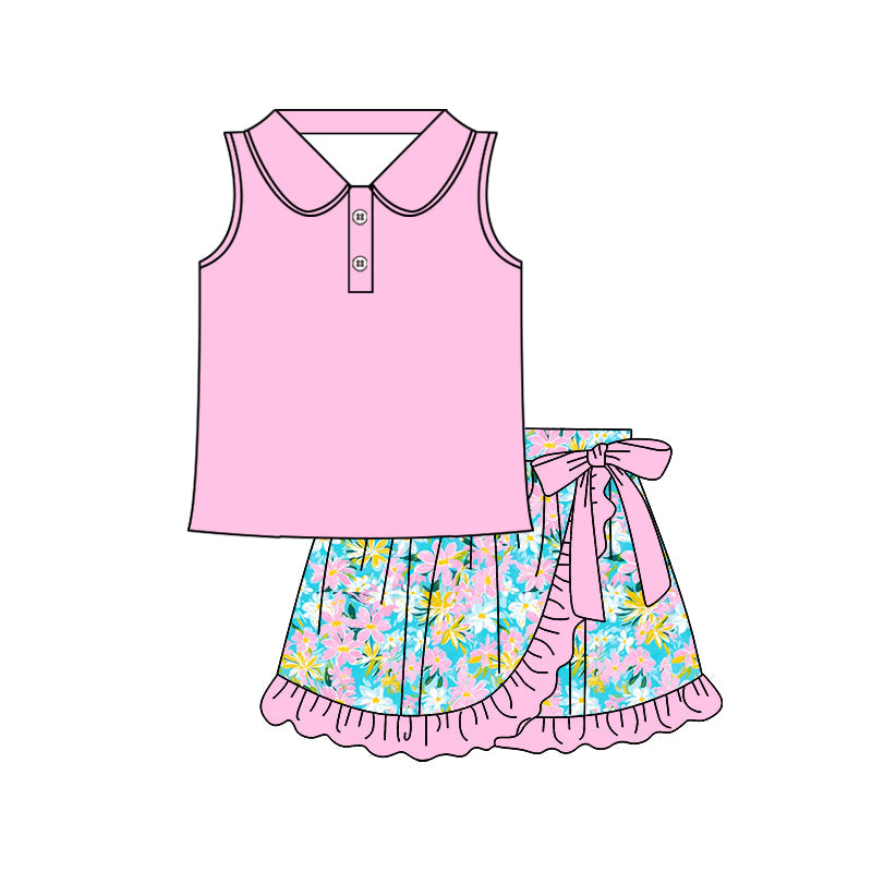 Pink sleeveless polo top floral ruffle skirt girls clothing set