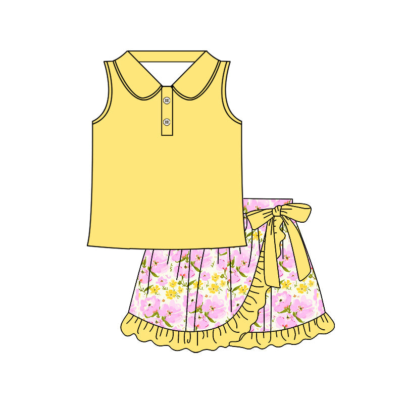 Yellow sleeveless polo top floral ruffle skirt girls clothing