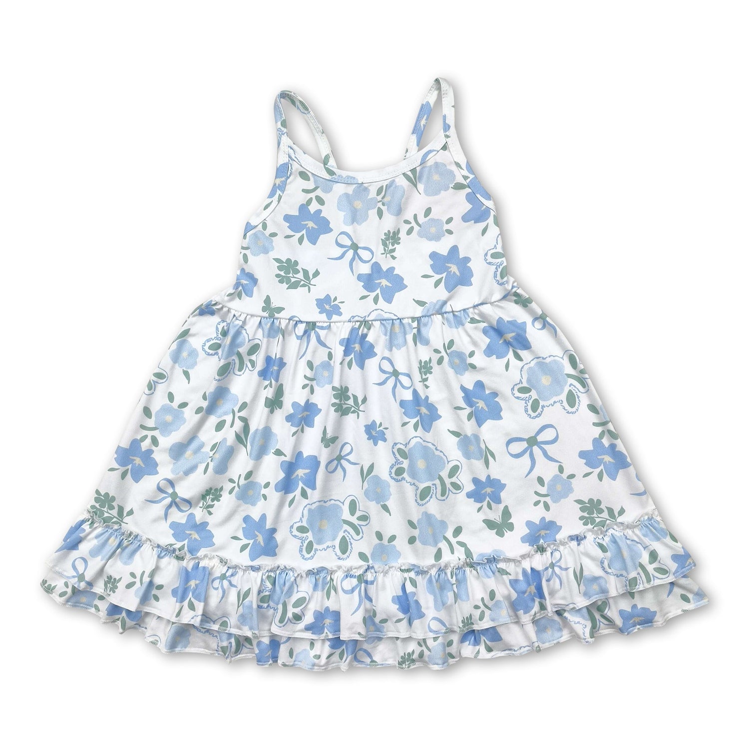 Straps light blue floral bow ruffle kids girls summer dress
