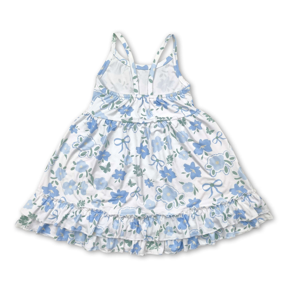 Straps light blue floral bow ruffle kids girls summer dress