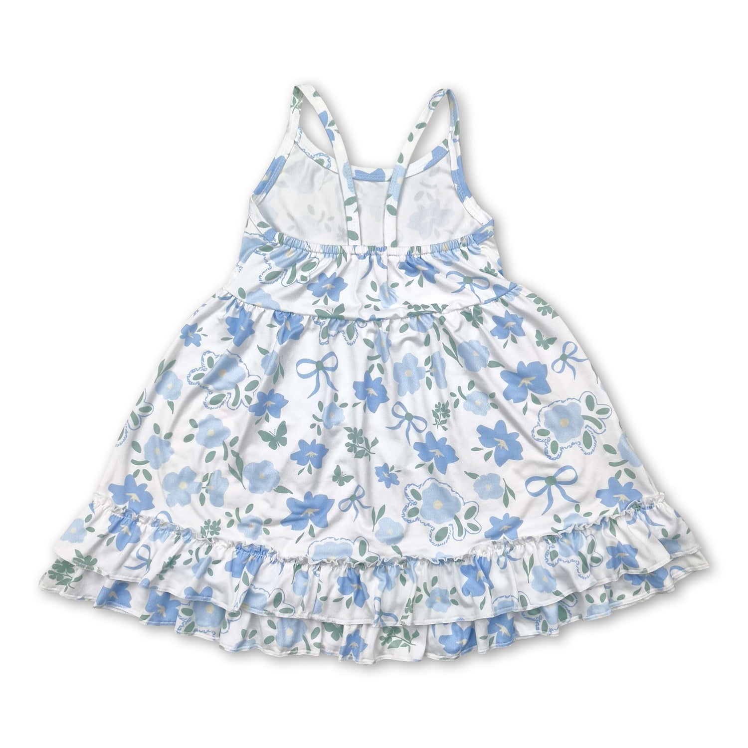Straps light blue floral bow ruffle kids girls summer dress