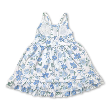 Straps light blue floral bow ruffle kids girls summer dress
