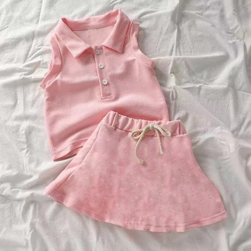 Pink sleeveless polo shirt skirt girls activewear set